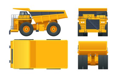 Large quarry dump truck template on white background. Equipment for the high-mining industry. View front, rear, side and top