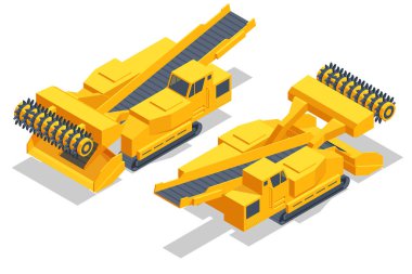 Isometric tunneling drilling rigs, self-propelled drilling rigs. Bucket-wheel excavator, heavy equipment used in surface mining. Mining quarry, mine.