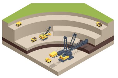 Isometric mining quarry, mine with large quarry dump truck and Bucket-wheel excavator. Coal mine. Equipment for high-mining industry. Bucket-wheel excavator mining lignite.