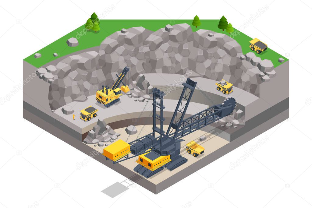Isometric mining quarry, mine with large quarry dump truck and Bucket-wheel excavator. Coal mine. Bucket-wheel excavator mining lignite