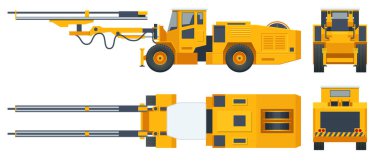 Tunneling drilling rigs, self-propelled drilling rigs. Bucket-wheel excavator, heavy equipment used in surface mining. Mining quarry, mine. View front, rear, side and top