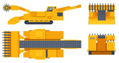 Isometric tunneling drilling rigs, self-propelled drilling rigs. Bucket-wheel excavator, heavy equipment used in surface mining. Mining quarry, mine. View front, rear, side and top