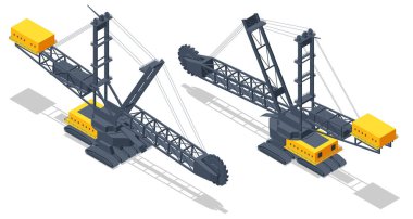 Isometric Bucket-wheel excavator. BWE, continuous digging machine in large-scale open-pit mining operations, removing thousands of tons of overburden. Bucket-wheel excavator mining lignite.