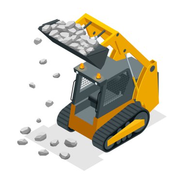 Isometric Compact Excavators. Yellow Skid Steer Loader