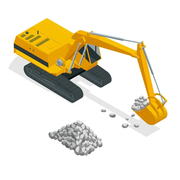 Excavator Bucket Lift Digging Isometric Yellow Excavator — Stock Vector