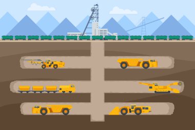 Isometric construction underground and open pit mining quarry. Factories or industrial plants, heavy industry. Equipment for high-mining industry. Excavator, truck for haul, dump.