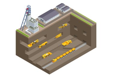 Isometric construction underground and open pit mining quarry. Factories or industrial plants, heavy industry. Equipment for high-mining industry. Excavator, truck for haul, dump.
