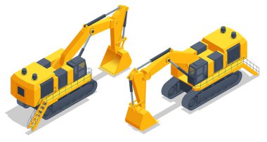 Isometric biggest hydraulic mining excavator. Equipment for high-mining industry