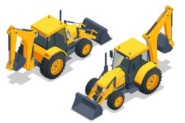 Isometric Yellow Tractor with backhoe and loader toy isolated on white . Heavy yellow mining excavator, construction machinery. Yellow Wheel front loader, Industrial Vehicle. Pneumatic Truck