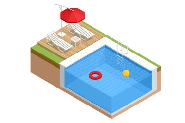 Isometric Swimming pool with stair and sun loungers. home swimming pool in garden and terrace Summer Vacation Concept.