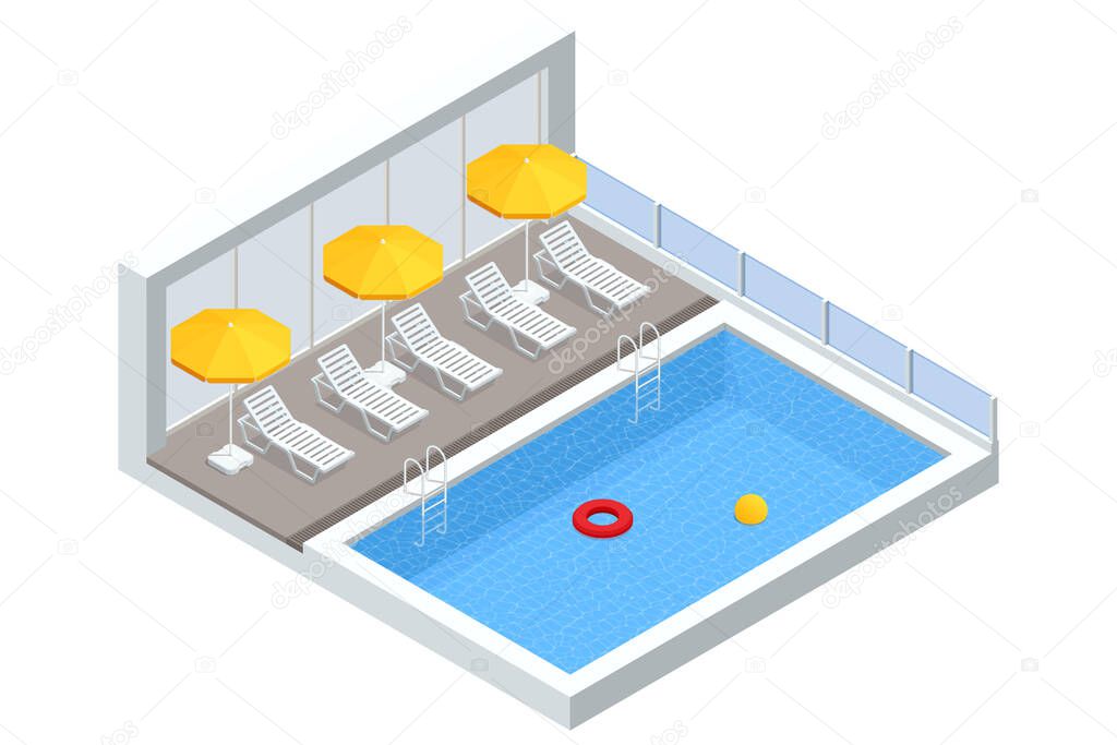 Isometric Swimming pool with stair and sun loungers. home swimming pool in garden and terrace Summer Vacation Concept.