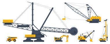 Quarry Mining Machines. Bucket Wheel Excavator, Dragline Excavator, Dragline Excavator, Track Drilling Machine, Biggest Hydraulic Mining Excavator Large Quarry Dump Truck. Mining industry. Side View.