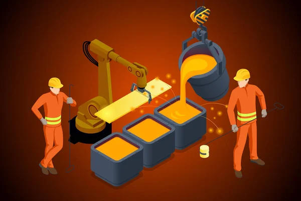 Production Métallurgie Acier Industriel Isométrique Foundry Metallurgy Processes Factory Workers — Image vectorielle