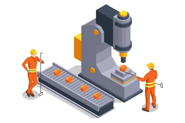Arbeiter Kontrollieren Die Metallschmelze Öfen Isometrische Industrielle Stahlproduktion Und Metallurgie — Stockvektor