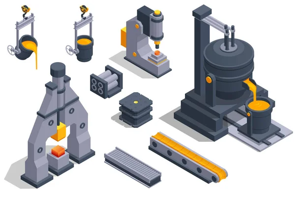 Producción Industrial Isométrica Acero Metalurgia Vertido Acero Caliente Planta Acero — Vector de stock