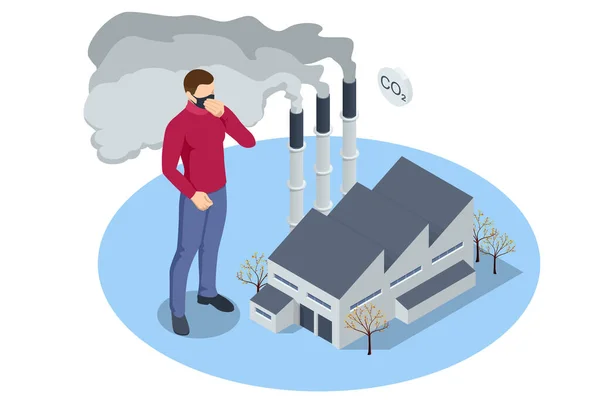 Chaminés Industriais Isométricas Com Fumaça Pesada Causando Poluição Ambiente Poluído —  Vetores de Stock