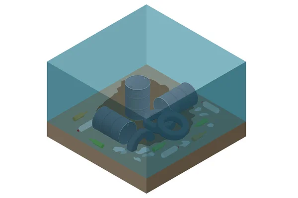 Изометрические Загрязнения Мусора Речной Озерной Морской Воде Дне Океана Загрязнение — стоковый вектор