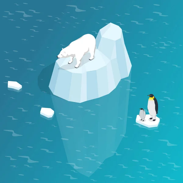 Isometrisches Konzept Der Globalen Erwärmung Eisbär Und Pinguin Auf Eisscholle — Stockvektor