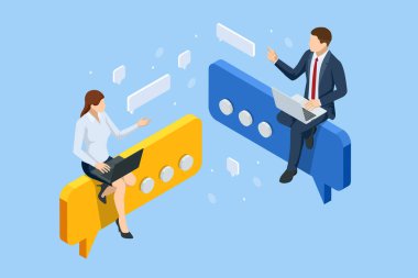 Isometric FAQ Sıklıkla Sorulan Sorular Konsepti. Kadın ve erkek soru sorar ve cevapları alır. İş Adamları Büyük Bir Soru İşaretinin Etrafında Wuestions Soruyor