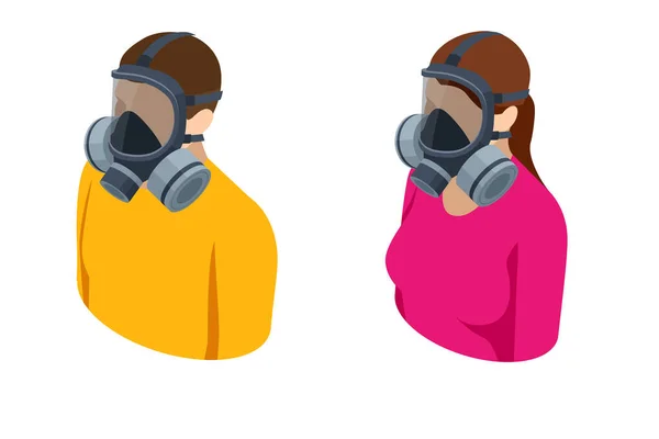 Poluição Isométrica Conceito Ambiente Homem Mulher Com Máscaras Gás Cidade — Vetor de Stock