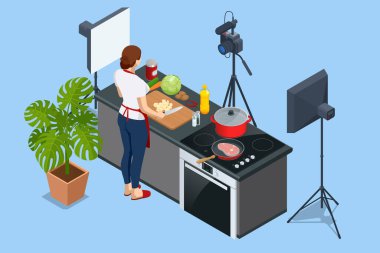 Isometric Woman Kitchen 'da Video Kaydı Yapıyor. Gıda Blogcusu veya Yemek Video Blog Konsepti. Çevrimiçi Aşçılık Kursları
