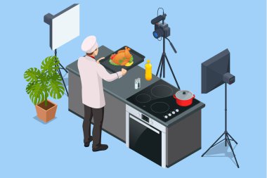 Isometric Chef Kitchen 'da kamera önünde video kaydediyor. Beyaz Üniformalı Blogcu Şefi, Yemek Blogcusu ya da Yemek Video Blog Konsepti. Çevrimiçi Aşçılık Kursları. Kızarmış Tavuk mu, Türkiye mi?.