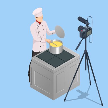 Isometric Chef Kitchen 'da kamera önünde video kaydediyor. Beyaz Üniformalı Blogcu Şefi, Yemek Blogcusu ya da Yemek Video Blog Konsepti. Çevrimiçi Aşçılık Kursları