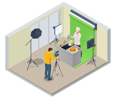 Isometric Chef Kitchen 'da kamera önünde video kaydediyor. Beyaz Üniformalı Blogcu Şefi, Yemek Blogcusu ya da Yemek Video Blog Konsepti. Çevrimiçi Aşçılık Kursları.