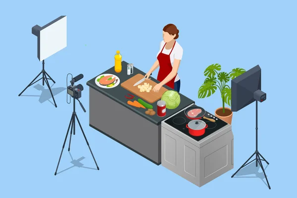 키친에서 카메라로 비디오 녹화하는 여자가 있어요 블로거 Food Blogger 비디오 — 스톡 벡터