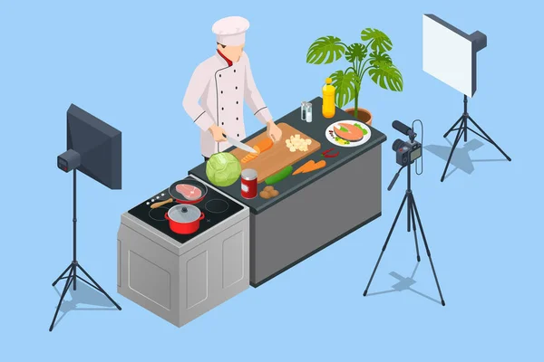 アイソメトリックシェフキッチンでカメラでビデオを記録します ホワイトユニフォームブロガー フードブロガー または料理ビデオブログのコンセプトでチーフ オンライン料理人コース — ストックベクタ