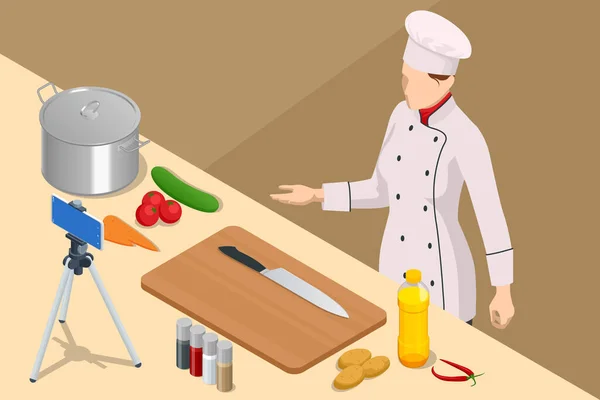 Chef Isométrico Cocinero Grabación Vídeo Cámara Cocina Jefe Uniformes Blancos — Vector de stock