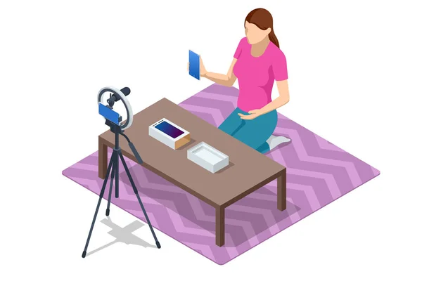 Isometric Female Vlogger Recording Broadcast Home Video Blogger Buying New — Stock Vector