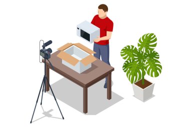 Isometric Female Vlog kaydedicisi Evdeki Yayını kaydediyor. Video Blogcusu Mutfak Aletleri, Mikrodalga Fırın Satın Alıyor.