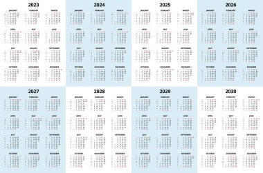 Takvim Planlayıcısı 2023 - 2030. Takvim şeması. Yazdırma Şablonu