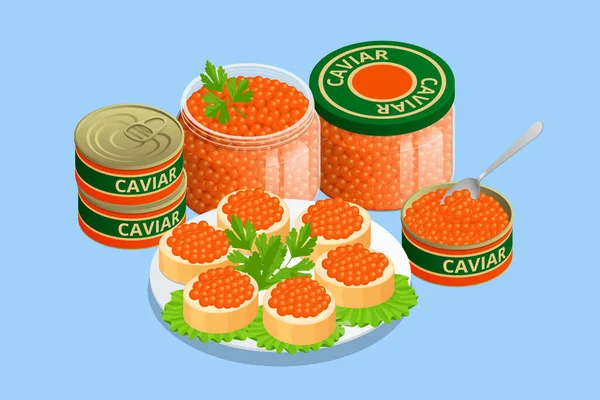 Lata Isométrica Caviar Salmón Chum Sándwich Tarro Vidrio Con Caviar — Vector de stock