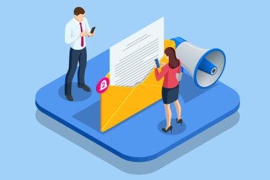 Isometric E- posta Bildirimi Konsepti. Çevrimiçi Sohbet Sosyal Metin Konsepti. Konserve et. Yeni E- posta, Mesajlaşma, E- posta Pazarlaması.