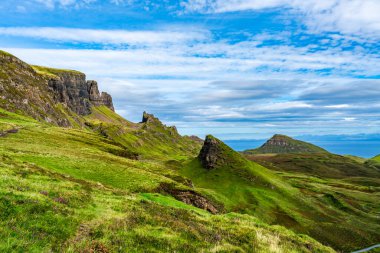 Skye Adası 'ndaki güzel Quiraing Geçidi manzarası, İç Hebrides, İskoçya