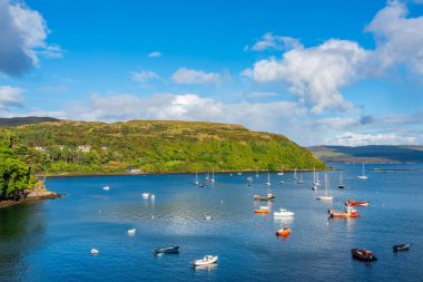 İskoçya, Skye Adası, Portree Limanı 'nda demirlemiş gemi ve teknelerin görüntüsü..