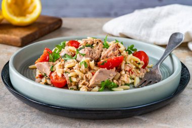 Kirazlı domates ve maydanozlu ton balığı ve orzo makarna.