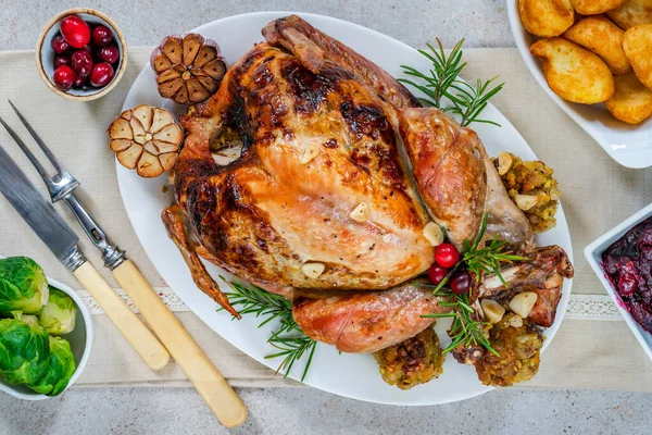 Traditioneller Truthahnbraten Mit Aprikosen Und Pistazienfüllung Bratkartoffeln Und Preiselbeersoße Übersicht — Stockfoto