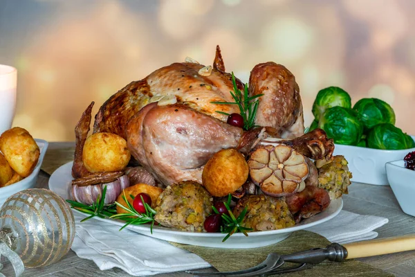 Geleneksel Kavrulmuş Noel Hindisi Kayısı Fıstık Kızarmış Patates Kızılcık Soslu — Stok fotoğraf