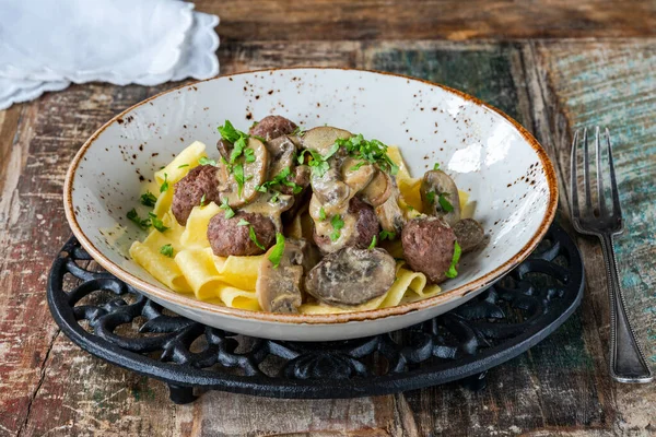 Venison meatballs with creamy mushroom sauce and pappardelle pasta
