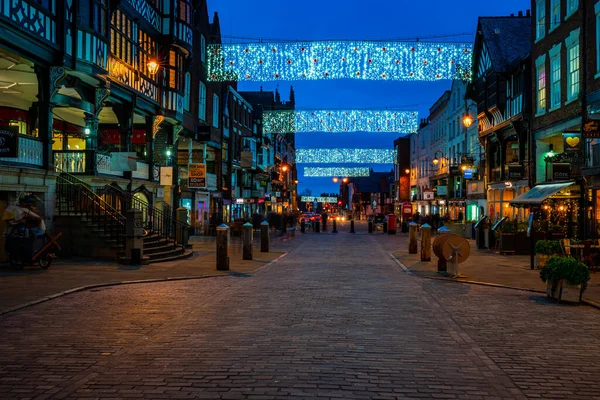 Chester Cheshire Regno Unito Dicembre 2021 Righe Luci Natale Sospese — Foto Stock