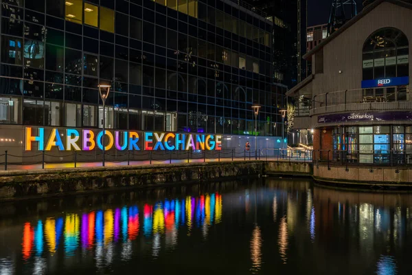 London January 2022 Night View Harbour Exchange Estate Seem Millwall — 스톡 사진