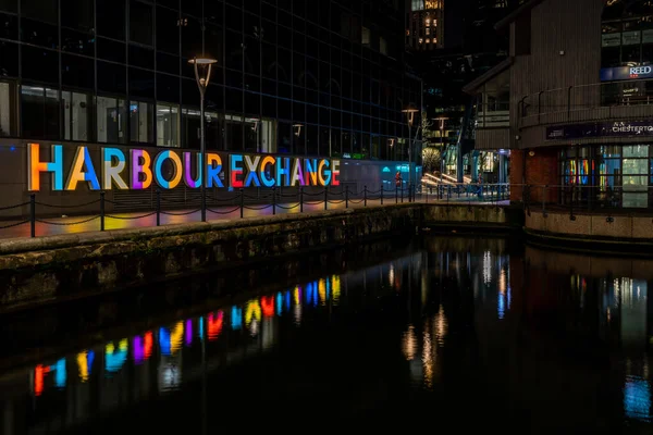 London January 2022 Night View Harbour Exchange Estate Seem Millwall — 스톡 사진