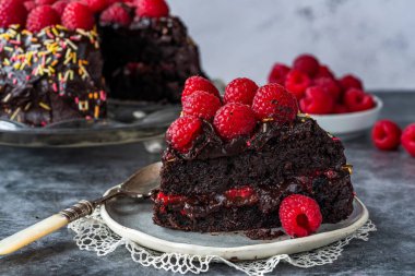 Çikolatalı ganache ve taze ahududulu dört tane çikolatalı bademli kek.