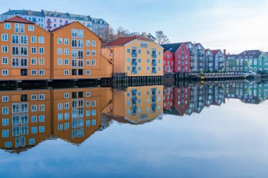 Norveç, Trondheim 'ın Brygge semtindeki Nidelva nehrinde yansıyan renkli ahşap evler.