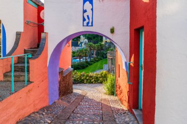 PORTMEIRION, WALES, UK - JULY 07, 2022: Portmeirion is a tourist village in North Wales designed and built by Sir Clough Williams-Ellis between 1925 and 1975 in the style of an Italian village