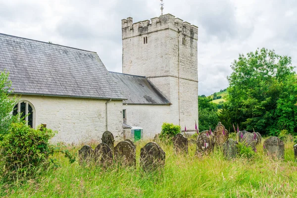 SENNYBRIDGE, WALES - 3 Temmuz 2022: Powys Galler 'deki Sennybridge yakınlarındaki St Cynogs kilisesindeki 5,000 yıllık Defynnog Yew ağacıyla ünlüdür.