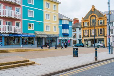 ABERYSTWYTH, WALES, UK - JULY 06, 2022: Street view in Aberystwyth, a university town and community in the historic county of Cardiganshire in Wales